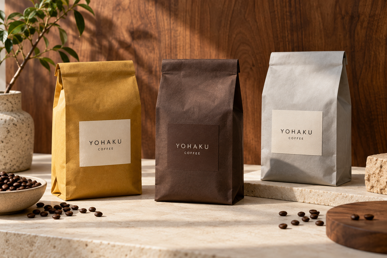 マスタード、焙煎色、グレーのYOHAKU COFFEEの豆袋が並ぶ